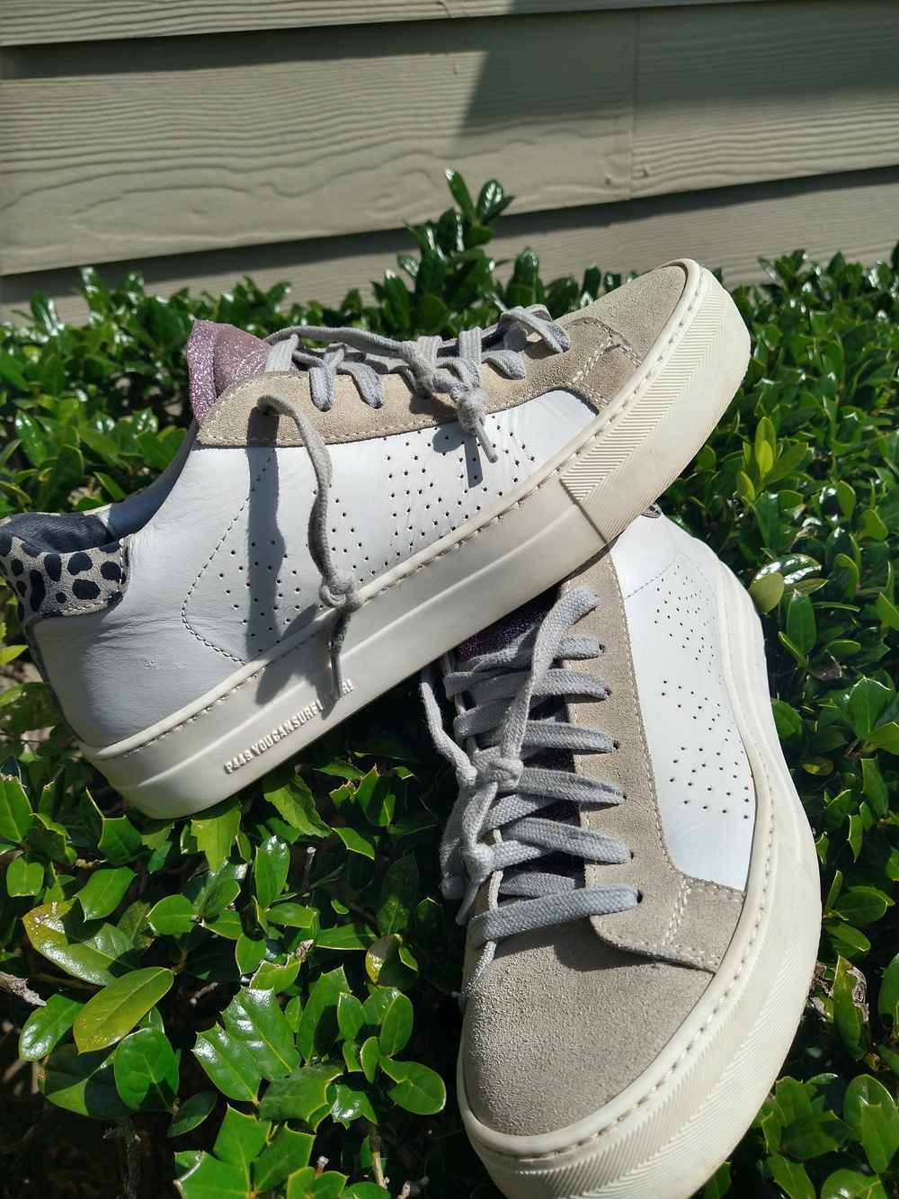 P448 Women’s White Leather & Taupe Suede Sneakers with Pink Metallic Tongue